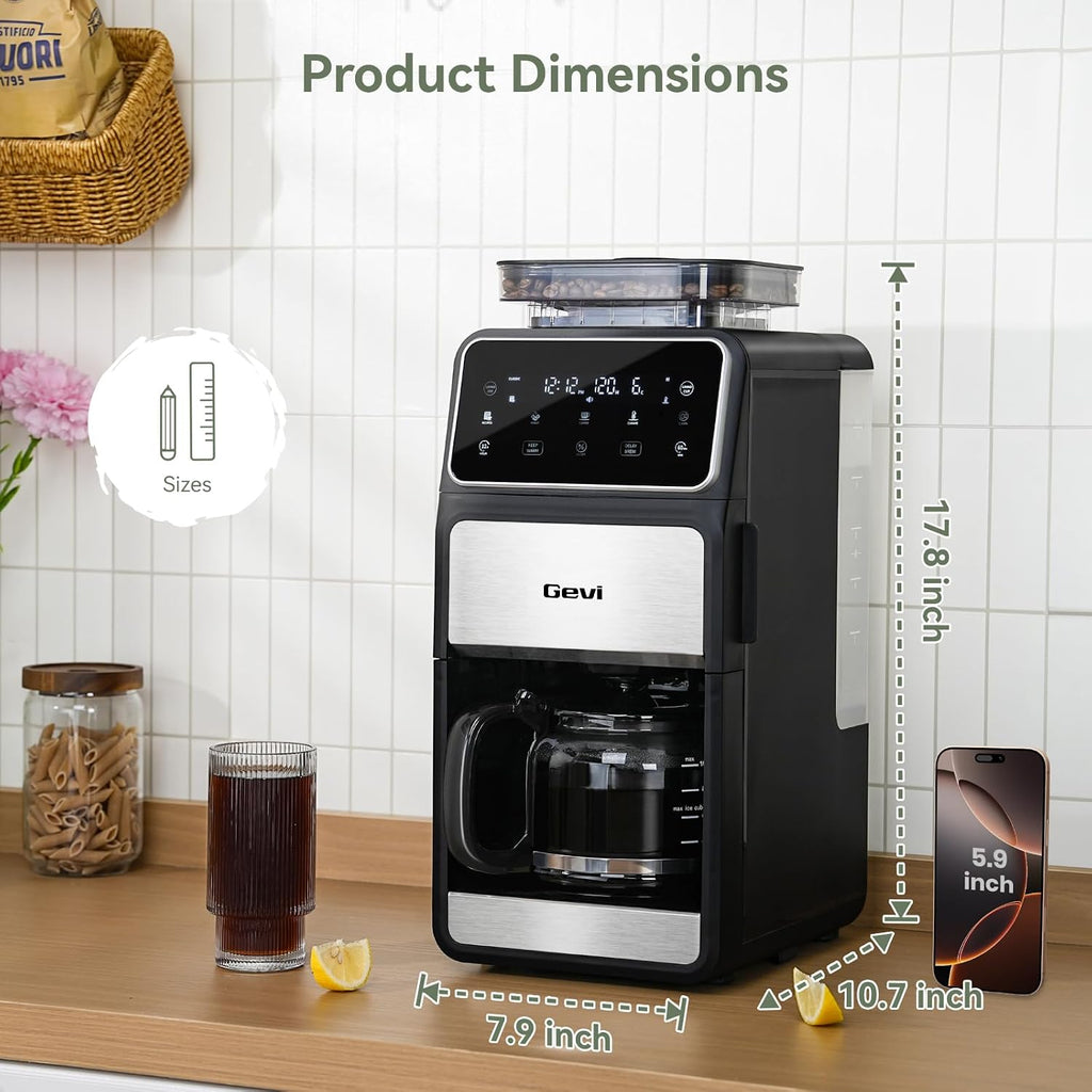 Gevi Grind & Brew Coffee Maker 10 Cup, Built-In Burr Grinder Drip Coffee Machine, Programmable Touch Screen, 4-Hour Warm Plate, Permanent Filter & Glass Carafe