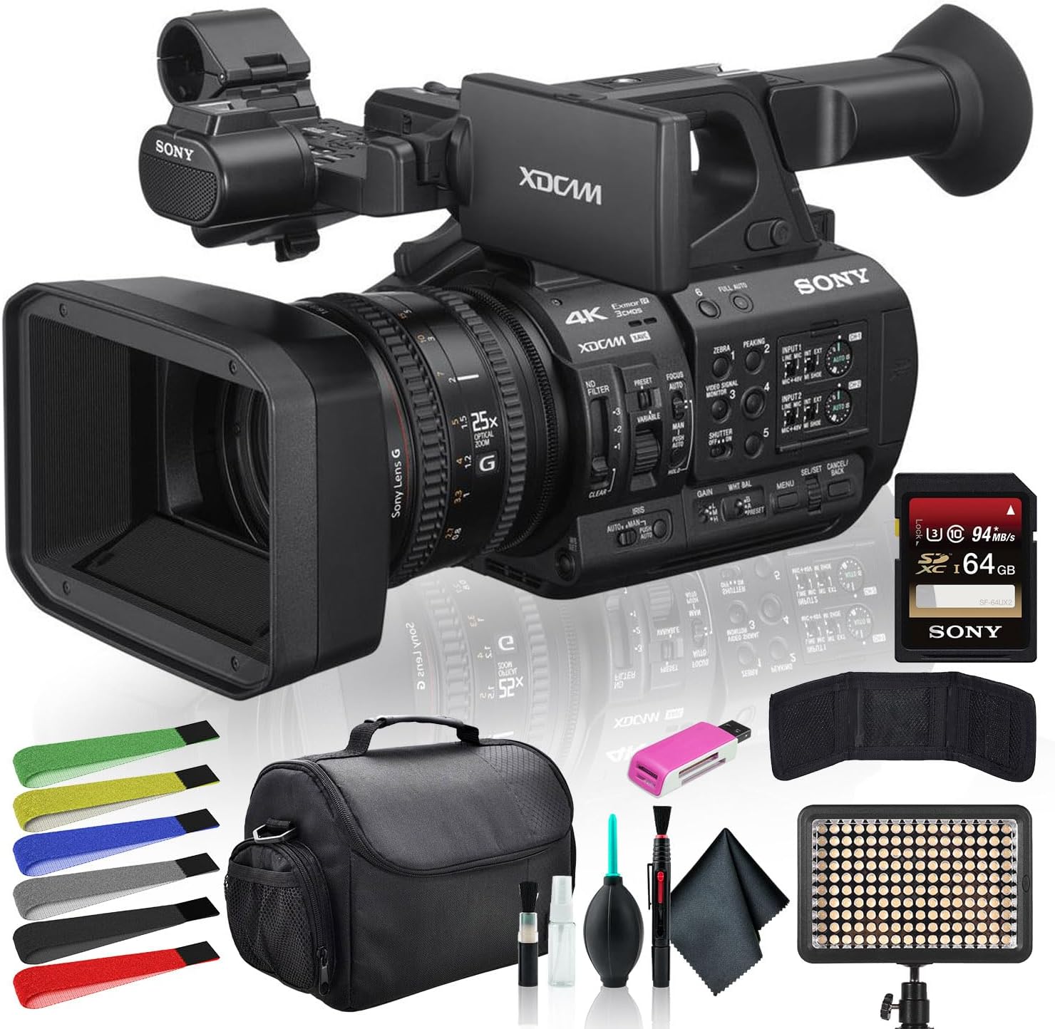 Sony PXW-Z190V 4K XDCAM Camcorder (PXW-Z190V) – 1/3' CMOS Sensor | 4K 60p Recording | Base Bundle with 64GB Card, LED Light, Case & More