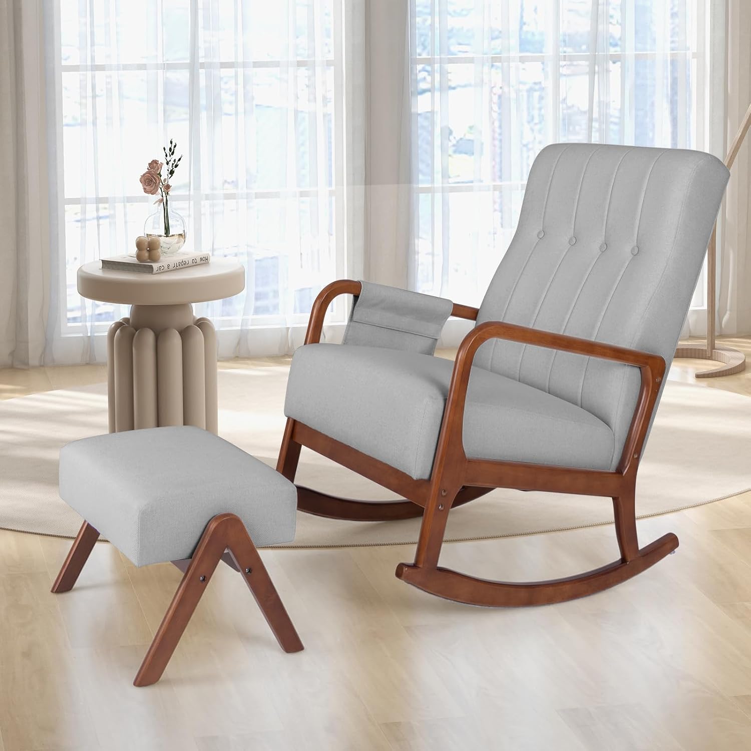GOFLAME Nursery Rocking Chair with Ottoman, Upholstered Glider Rocker with Tufted High Backrest and Side Pocket, Modern Accent Chair with Footrest, Comfy Armchair for Living Room, Bedroom, Grey