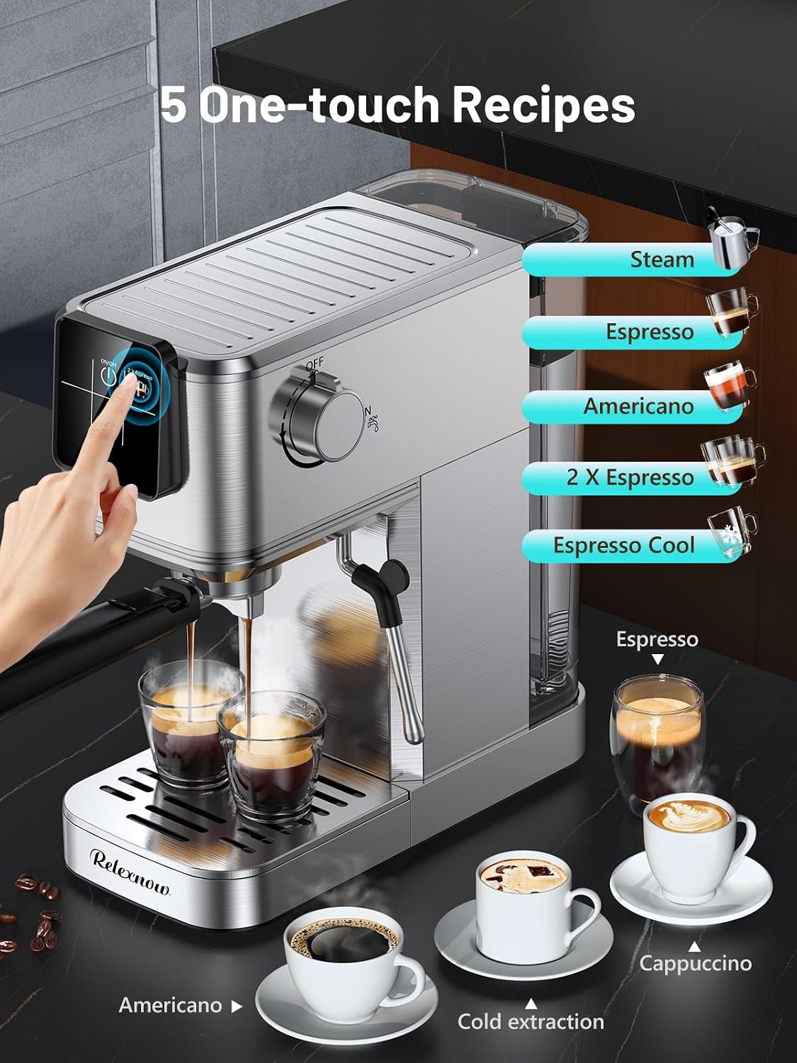 RELEXNOW Espresso Machine, 20 Bar Espresso Maker Milk Frother & LCD Panel, Hot & Iced Coffee Machine, Stainless Steel Espresso Coffee Machine with 41oz Water Tank for Cappuccino, Latte