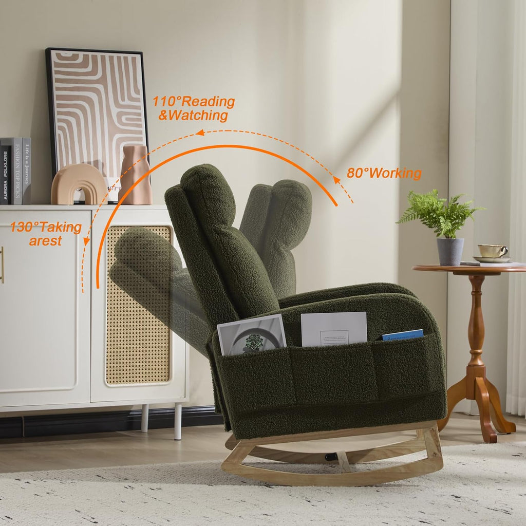 Rocking Chair Nursery with Foot Rest, Sherpa Nursing Rocking for Mom Nursery Rocker Chair with High Backrest, Armchair Rocker Glider with Side Pocket for Living Room, Bedroom, Teddy Green