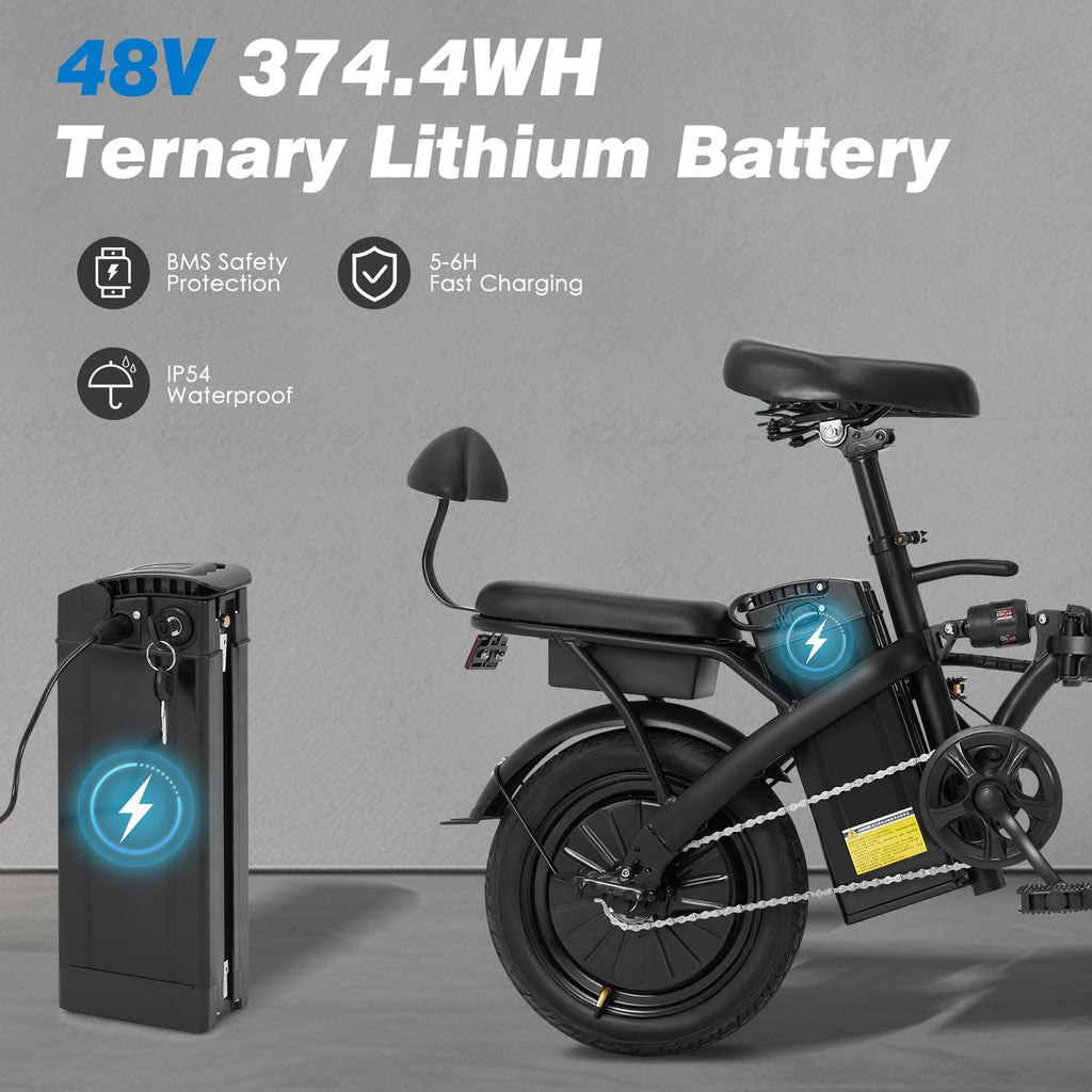 Mdeam Foldable Electric Bike,500W Motor Compact Adults Commute Ebike 20 MPH Max Speed,30+ Miles Folding Electric Bicycle with Passenger Seat,14' Mini E-Bike 2 Seater for Adults/Teens