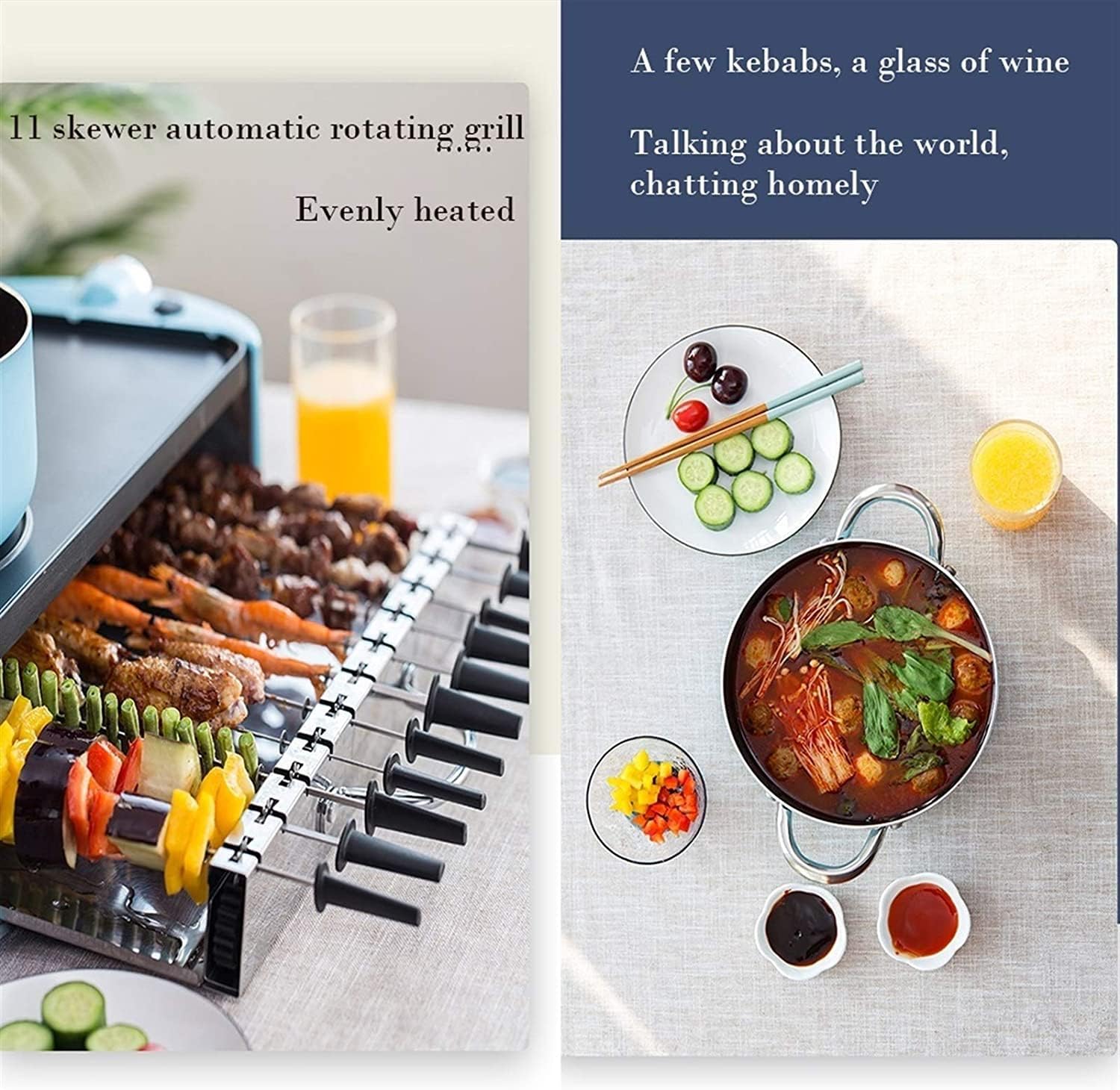 Electric BBQ Grill Indoor Portable Electric Grill, Indoor Hot Pot Chafing Dish Electric Barbecue Grill Non-stick Baking Tray Skewers, Large Capacity Household Multifunctional (Color : Blue)
