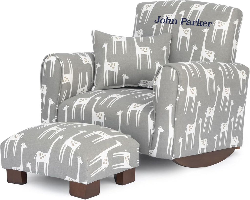Toddler Personalized Armchair, Kids Upholstered Rocking Chair with Personalization, Toddler Chair with Personalized Name, Comfy Child Armchair, (Grey Giraffes Print, Rockers)