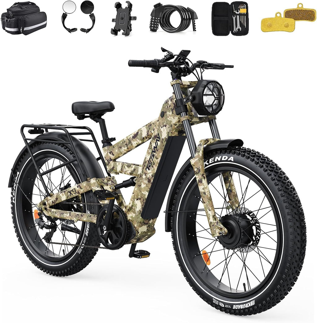 TESWAY X9 Ultra Dual Motor Ebike, 26' Fat Tire Full Suspension AWD Electric Bike for Adults, 4000W 43MPH 240NM, 60V 30Ah(Camo)/25Ah(Other) 120 Miles Long Rang