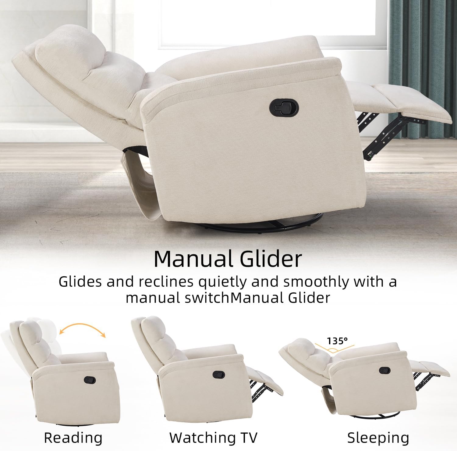 INZOY Swivel Rocker Recliner, Nursery Glider Chair, Manual Chairs Swivel Glider Recliners with Soft Backrest, Fabric Manual Reclining Sofa for Living Room Bedroom Apartment, Beige