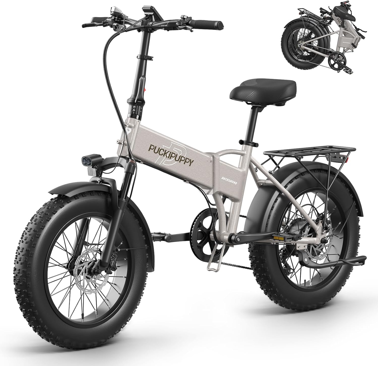 PUCKIPUPPY Folding Electric Bike, 960W Peak Foldable Ebike, 48V 15AH Battery Electric Bike for Adults, 20' Fat Tire, 7 Speed, 28MPH, 70Miles Range, Front Suspension, LCD Display, Dachshund