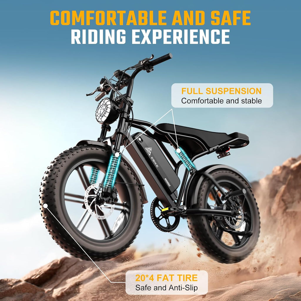 TST Electric Bike for Adults, 1500W Peak Motor 60/100 Miles Fat Tire Ebike with 48V 15Ah/25Ah Removable Battery 20' Electric Dirt Bike Full Suspension and 7-Speed