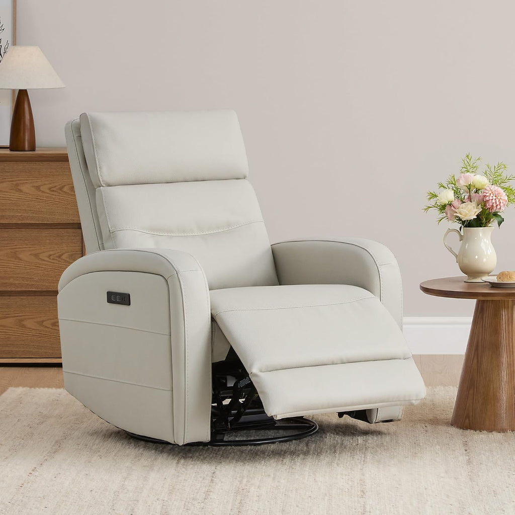 Watson & Whitely Swivel Recliner with Power Headrest, Recliner Chairs for Adults, Small Glider Rocker for Living Room, Faux Leather in Cream