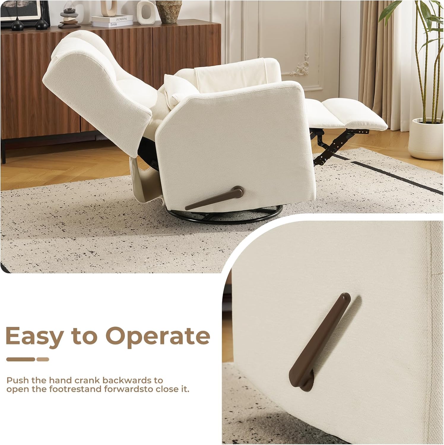 Large Glider Rocker Recliner,Rocking Chair Nursery with Adjustable Headrest,Swivel Rocker Recliner with Lumbar Support,Manual Nursery Rocker Recliner for Living Room& Bedroom,Chenille White