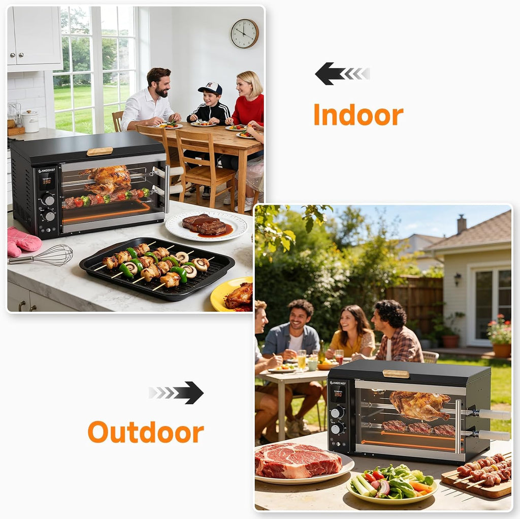 AMZCHEF Electric Rotisserie Grill with 2-in-1 Cooking Mode,34QT Rotisserie Oven with 360° Auto-Rotating Heating, Dual Skewers, Grilling Rack, Countertop Grill for Home, Restaurant, Kitchen Parties