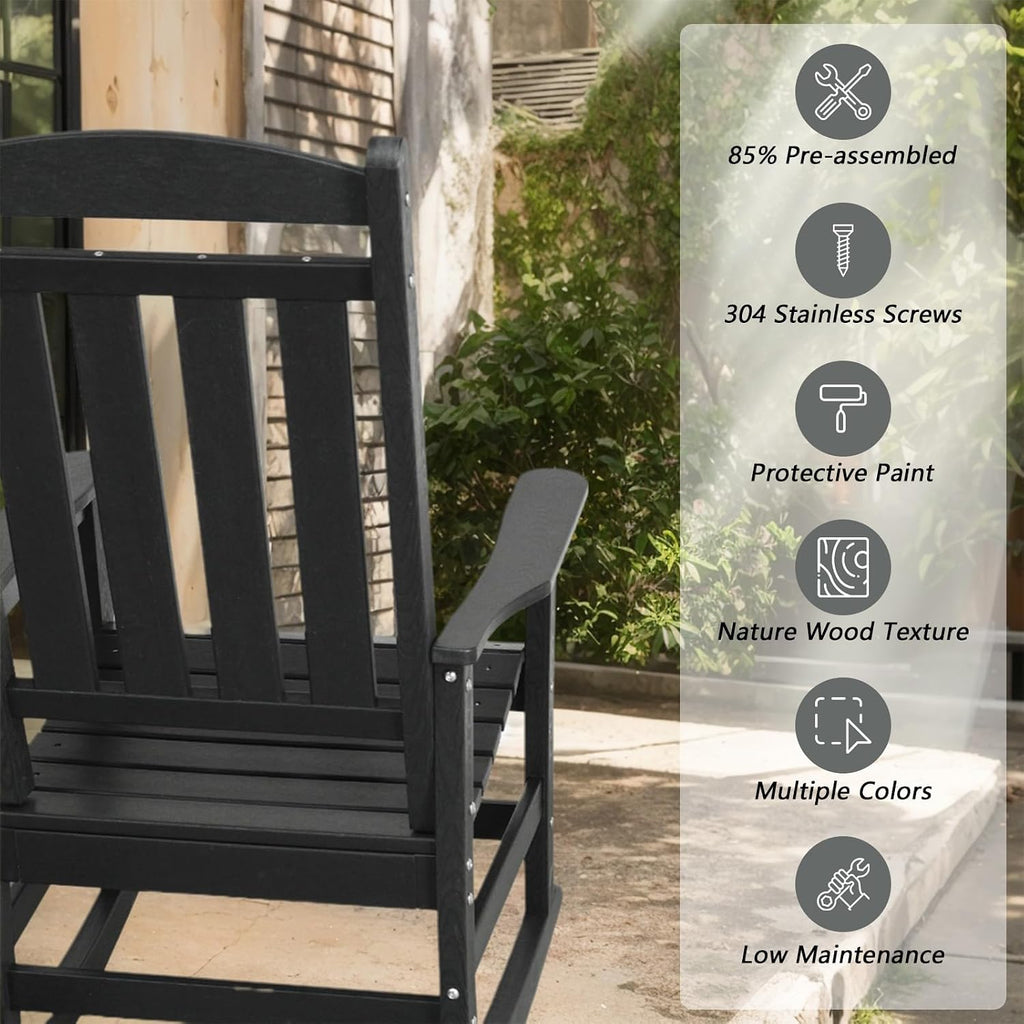 TenKa HDPE Patio Oversized Rocking Chair Set of 2, Outdoor Rocking Chair for Adults, All Weather Resistant Porch Rocker for Lawn Garden