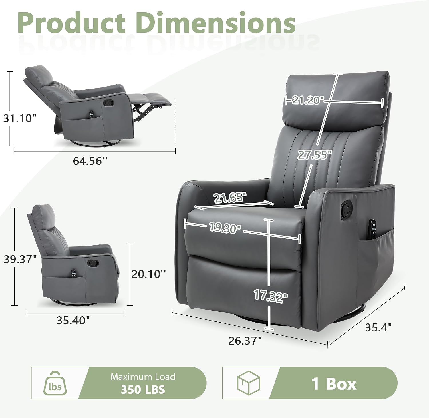 cinkehome Heated Massage Swivel Rocker Recliner Chair for Nursery - Small Space Reclining Chair with Lumbar Support, 360° Swivel & Gentle Rocking, Ergonomic High Back Faux Leather Gray