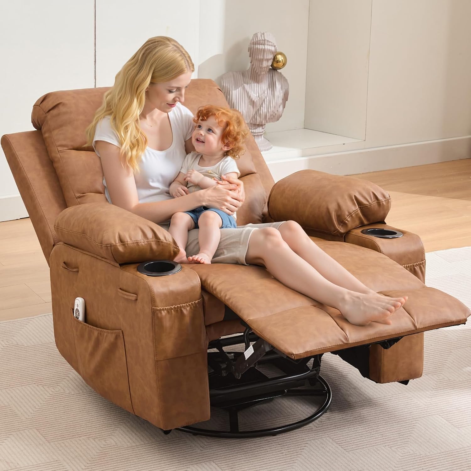 Leather Recliner Chair Nursery, Oversized Manual Reclining Rocking Chair, 360 Swivel Glider with Cup Holder, Massage and Heat Recliner, Indoor Small Single Sofa Chairs for Adults, RV, Bedroom, Brown