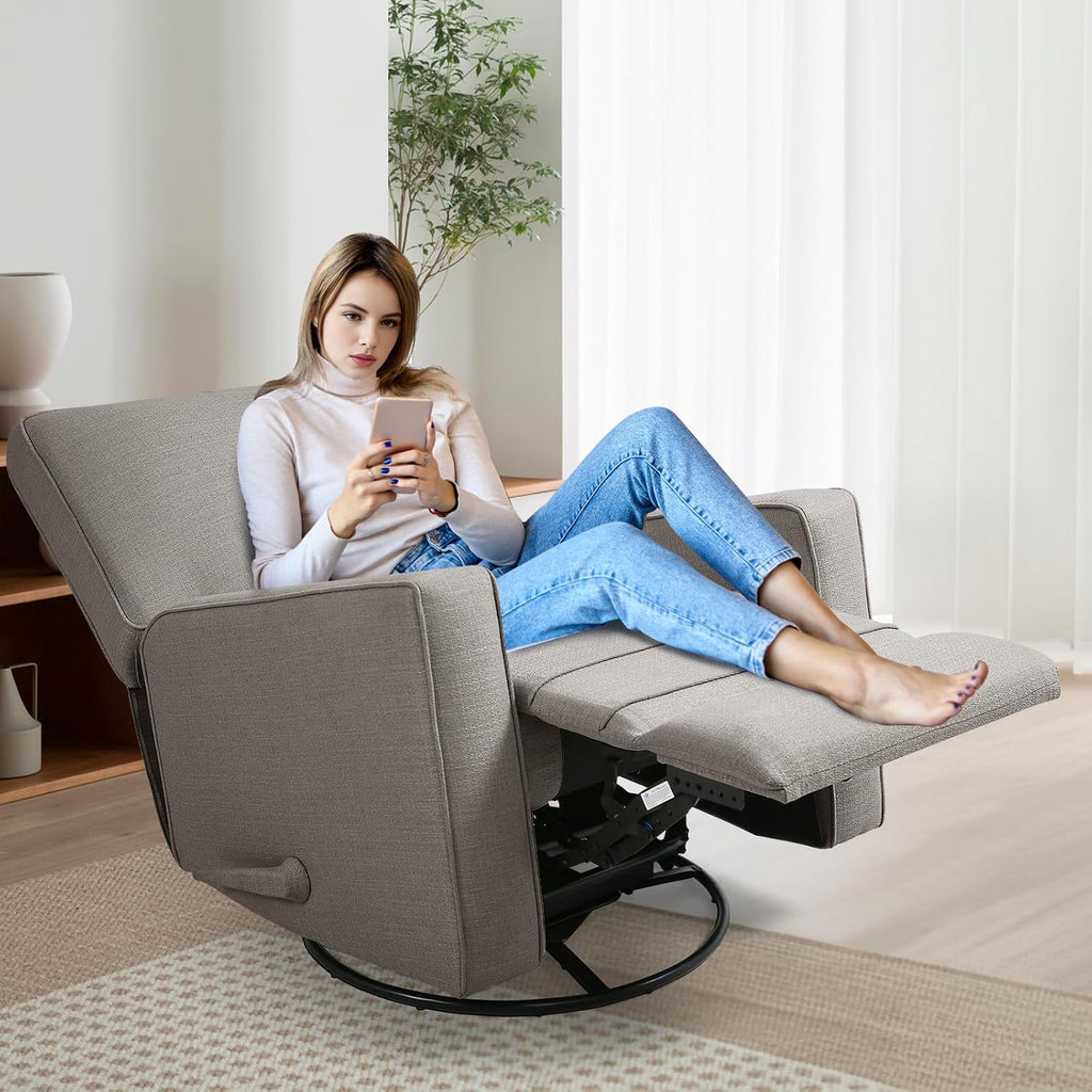 Swivel Rocker Recliner Chair for Adults, High Back Fabric Recliner with Deep Seat, Manual Glider for Living Room & Nursery, Grey