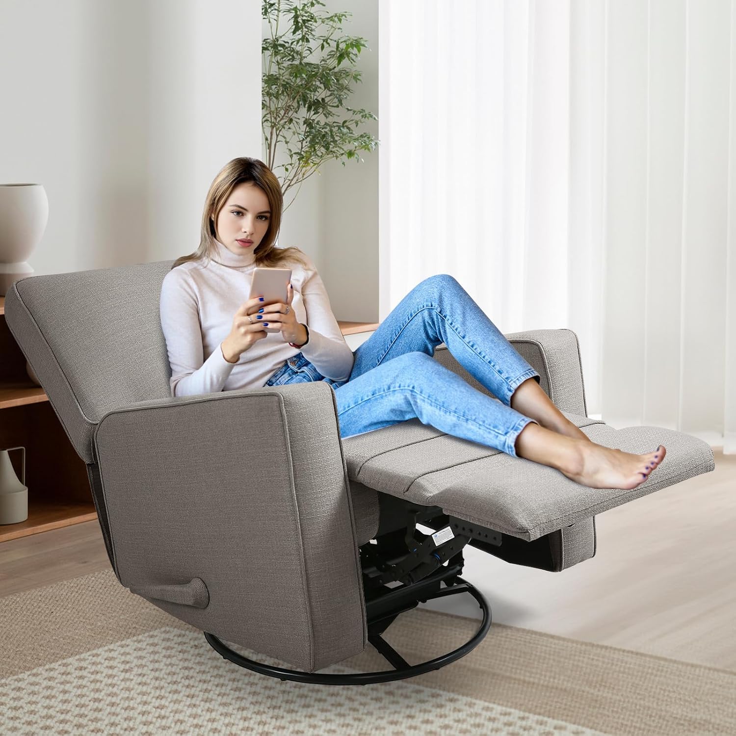 Swivel Rocker Recliner Chair for Adults, High Back Fabric Recliner with Deep Seat, Manual Glider for Living Room & Nursery, Grey