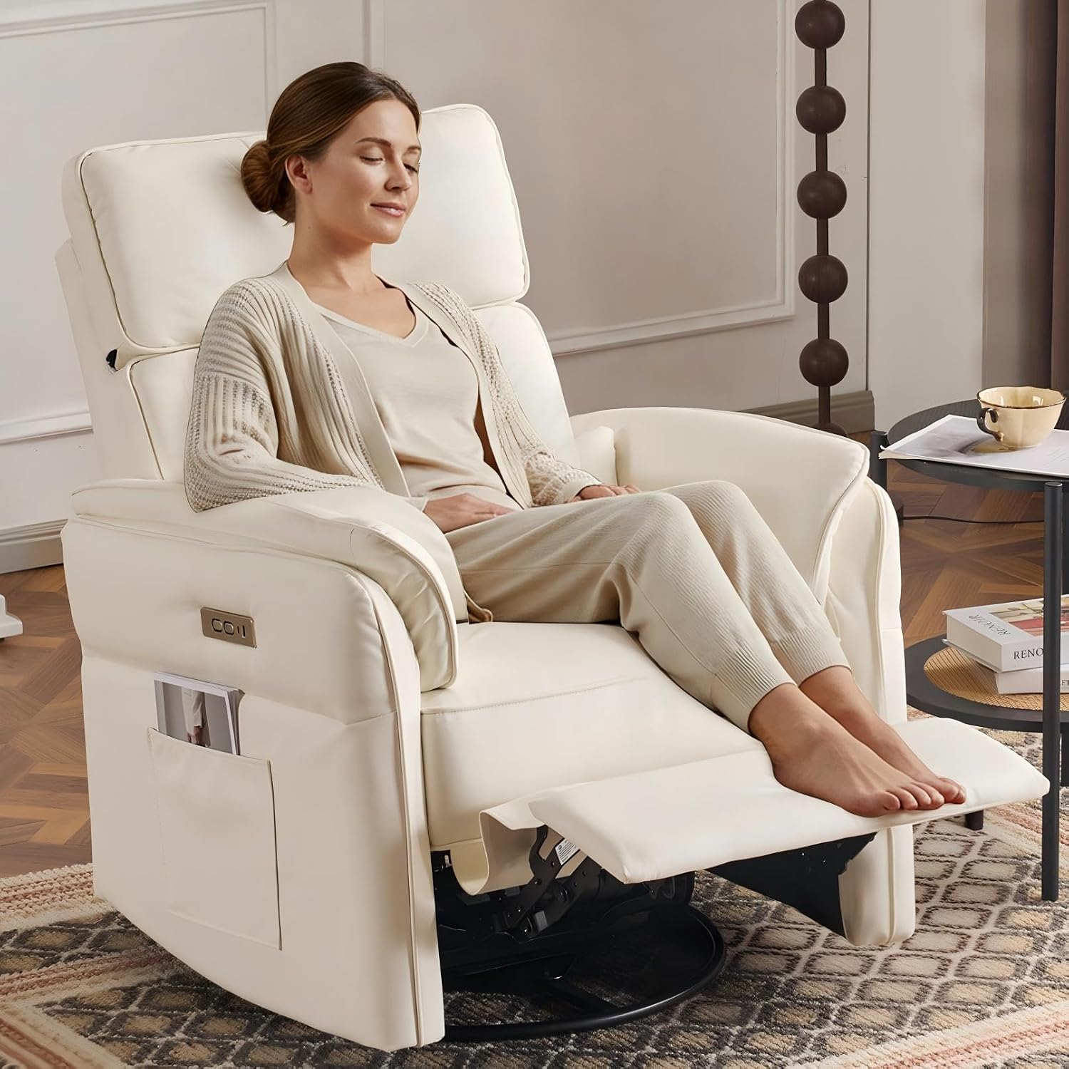 MELLCOM Power Recliner Rocking Chair Nursery Gliders with Adjustable Armrests and Headrest, Swivel Electric Glider Reclining Nursing Chair with Storage Bags and USB Port, FSC Certified(Beige Leather)