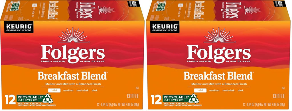 Folgers Breakfast Blend Mild Roast Coffee, 12 Keurig K-Cup Pods (Pack of 2)
