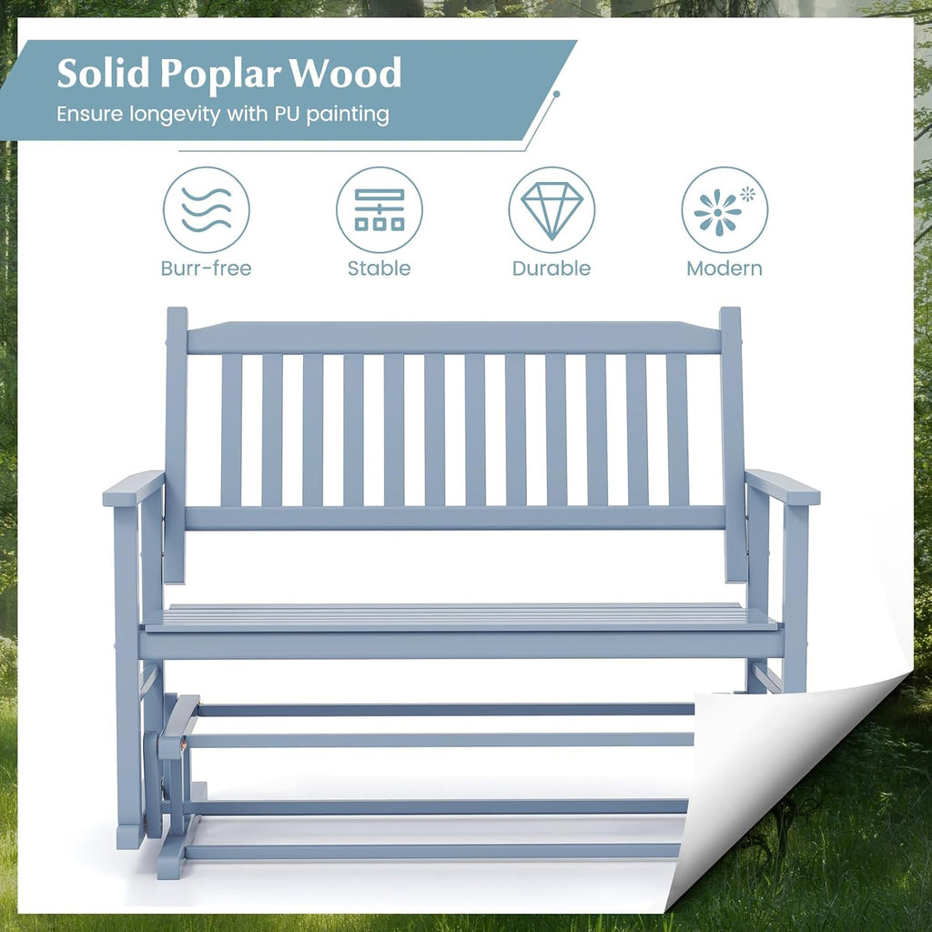 Tangkula 2 Person Outdoor Glider Bench, Poplar Wood Patio Swing Glider Loveseat with Armrests, Slatted Seat & Backrest, Porch Rocking Glider Bench for Backyard, Garden, Deck (Grey)