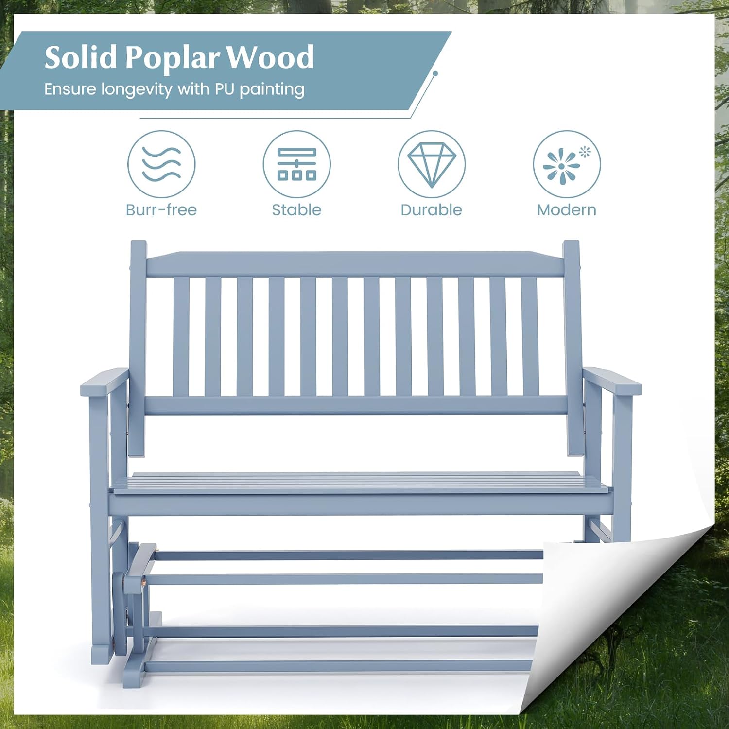 Tangkula 2 Person Outdoor Glider Bench, Poplar Wood Patio Swing Glider Loveseat with Armrests, Slatted Seat & Backrest, Porch Rocking Glider Bench for Backyard, Garden, Deck (Grey)