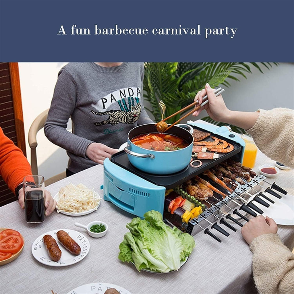 Electric BBQ Grill Indoor Portable Electric Grill, Indoor Hot Pot Chafing Dish Electric Barbecue Grill Non-stick Baking Tray Skewers, Large Capacity Household Multifunctional (Color : Blue)