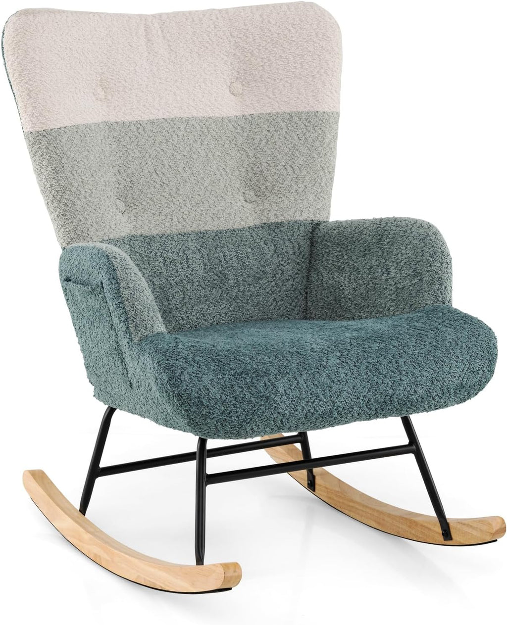 Moccha Nursery Rocking Chair, Teddy Upholstered Glider Rocker with High Backrest, Rubber Wood Legs & Side Pocket, Comfy Armchair Side Chair for Living Room Bedroom (1, Striped Green)