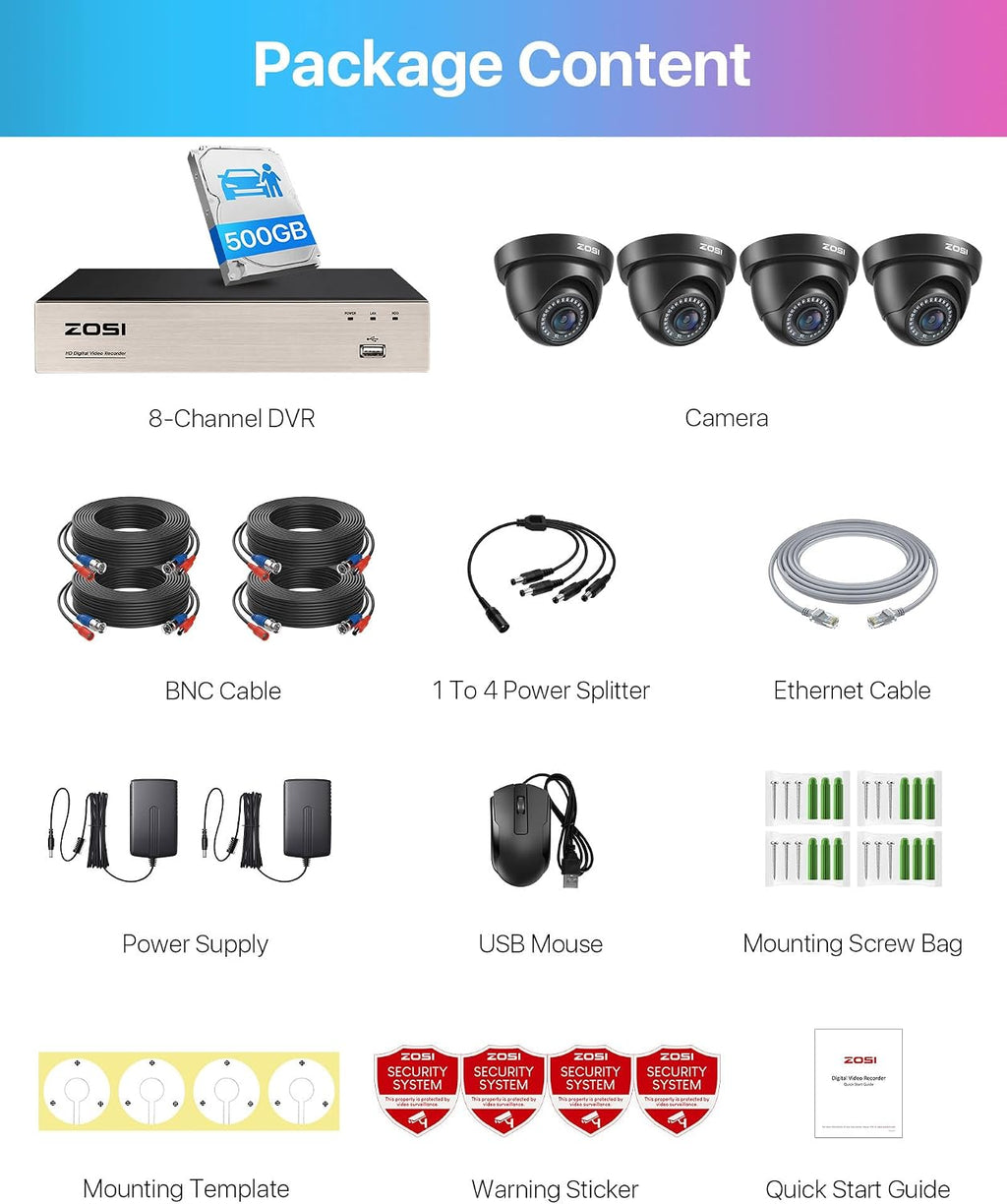 ZOSI 1080P Home Security Camera System with 500GB Hard Drive, Human Vehicle Detection, Night Vision, Remote Access, 3K Lite H.265+ 8Channel Wired DVR and 4 x 2MP HD Indoor Outdoor CCTV Dome Cameras