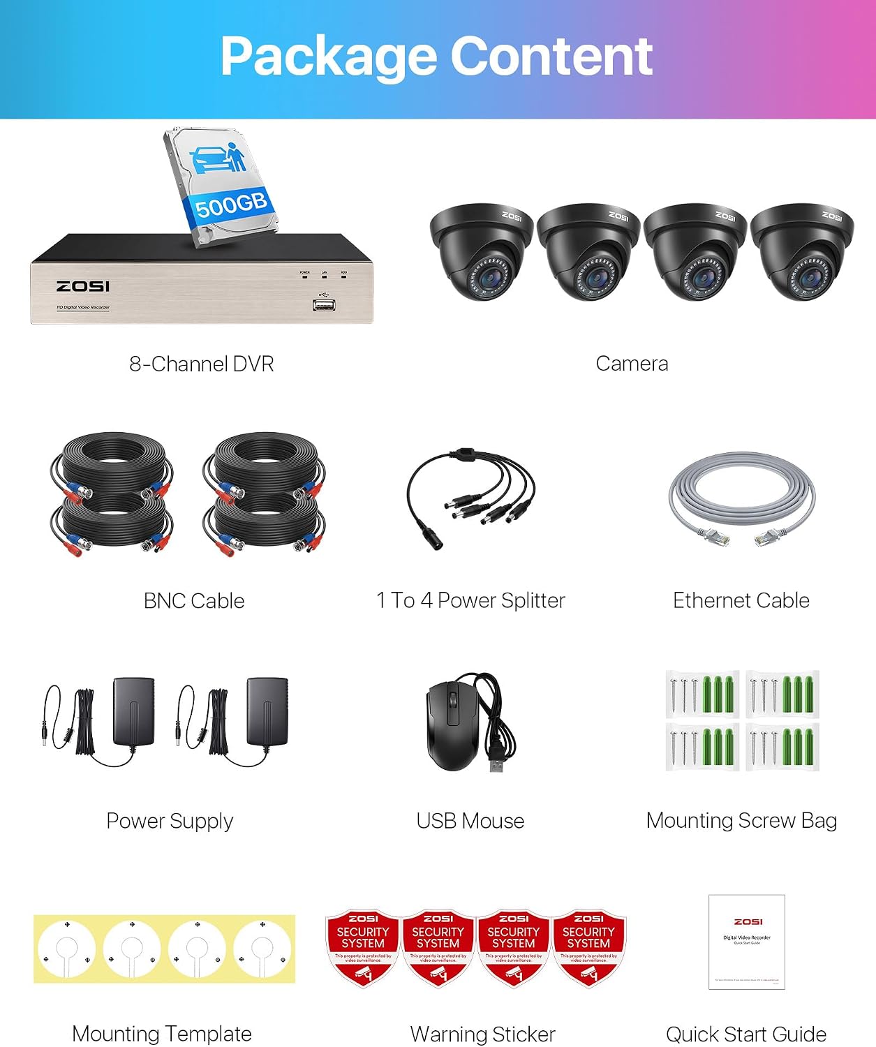 ZOSI 1080P Home Security Camera System with 500GB Hard Drive, Human Vehicle Detection, Night Vision, Remote Access, 3K Lite H.265+ 8Channel Wired DVR and 4 x 2MP HD Indoor Outdoor CCTV Dome Cameras