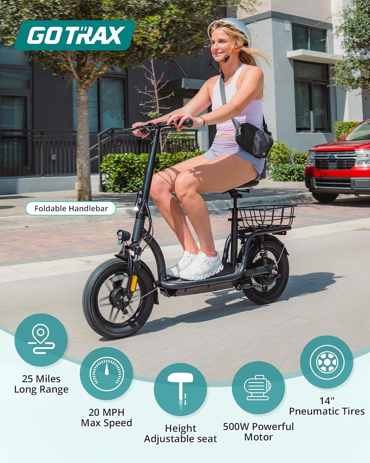 Gotrax Adult Electric Scooter with Seat, Max 19-25miles Range, 15.5-20mph Power by 350W-500W Motor, All-Terrain Tire & Wider Deck & Soft Cushioning Seat with Carry Basket