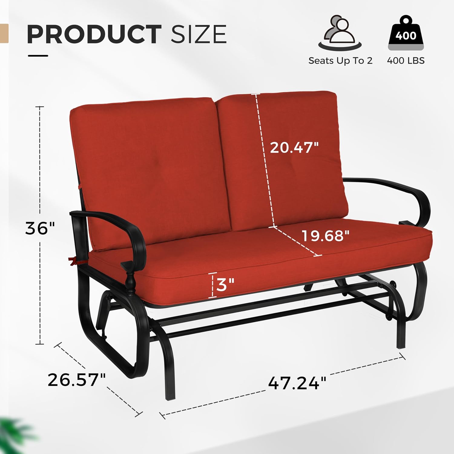 Crownland Outdoor Patio Glider Chair, Rocking Glider Bench for 2 Person, Porch Furniture Loveseat Seating, Wrought Iron Patio Gliders for Outside, Porch, Garden, Classic Red