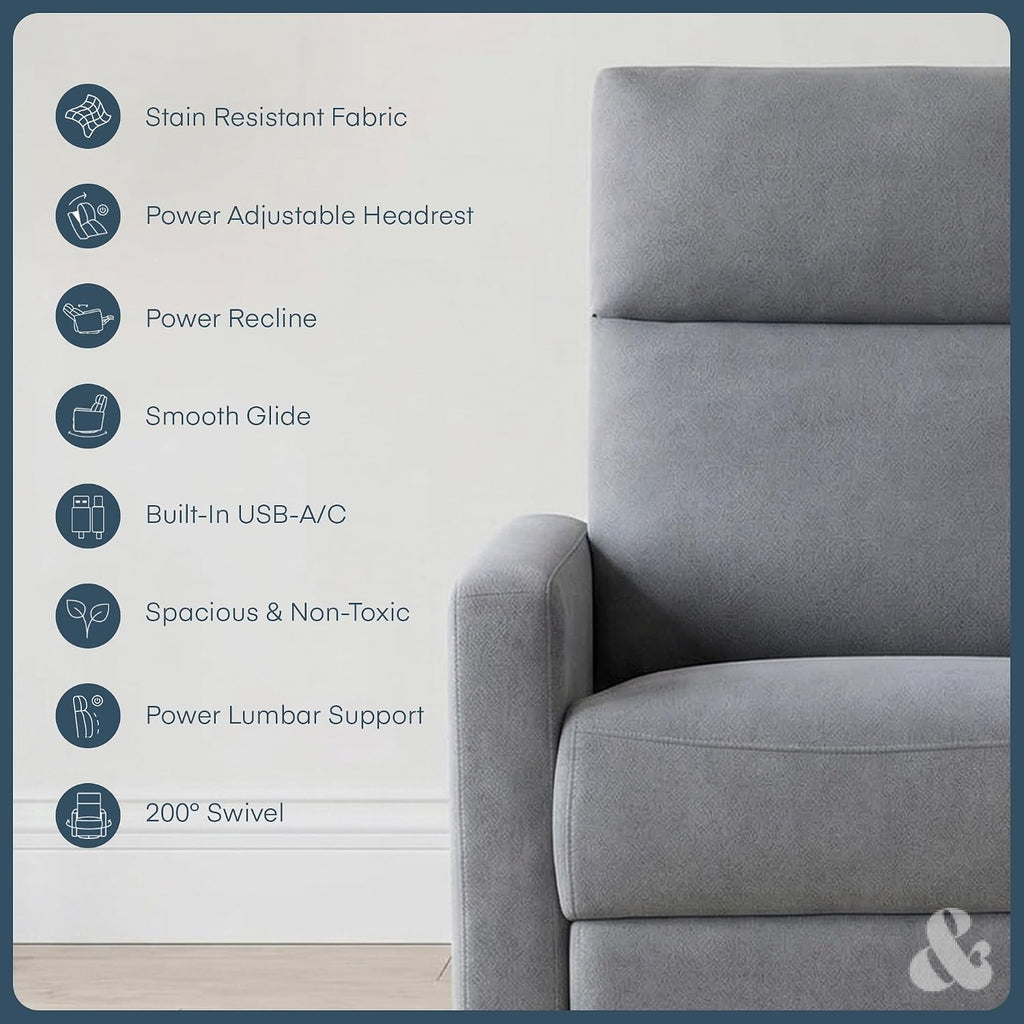 Nurture& The Glider Plus - Premium Nursery Power Recliner | Swivel Chair with Adjustable Head Support and Adjustable Lumbar Support | Built-in USB - The Ultimate Comfort for Nursing, Relaxing (Gray)