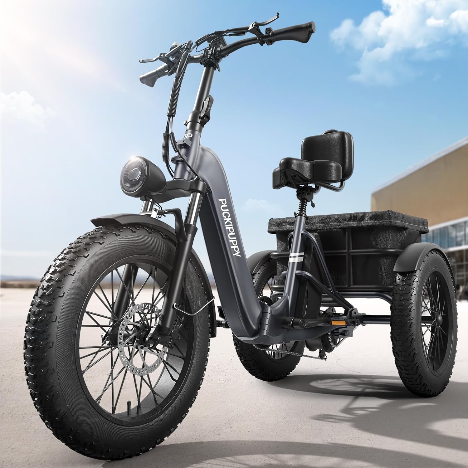 PUCKIPUPPY Electric Tricycle for Adult with 48V 17.4AH Cell Battery, 60 Miles Range Pickup Class Trike, 500 Lbs Load Electric Trike with Rear Differential and 20' Fat Tires, 960W Peak Motor, Husky