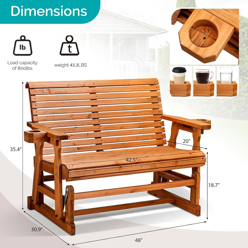 VINGLI Wooden Patio Glider, Heavy Duty 800 LBS Outdoor Glider with Cup Holders, 4 FT Wooden Glider Bench with High Backrest for Garden, Yard, Patio, Teak