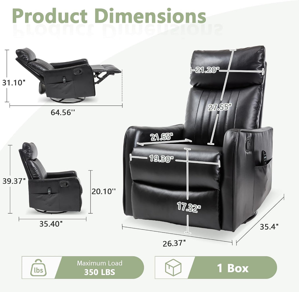 cinkehome Heated Massage Swivel Rocker Recliner Chair for Nursery - Small Space Reclining Chair with Lumbar Support, 360° Swivel & Gentle Rocking, Ergonomic High Back Faux Leather Black
