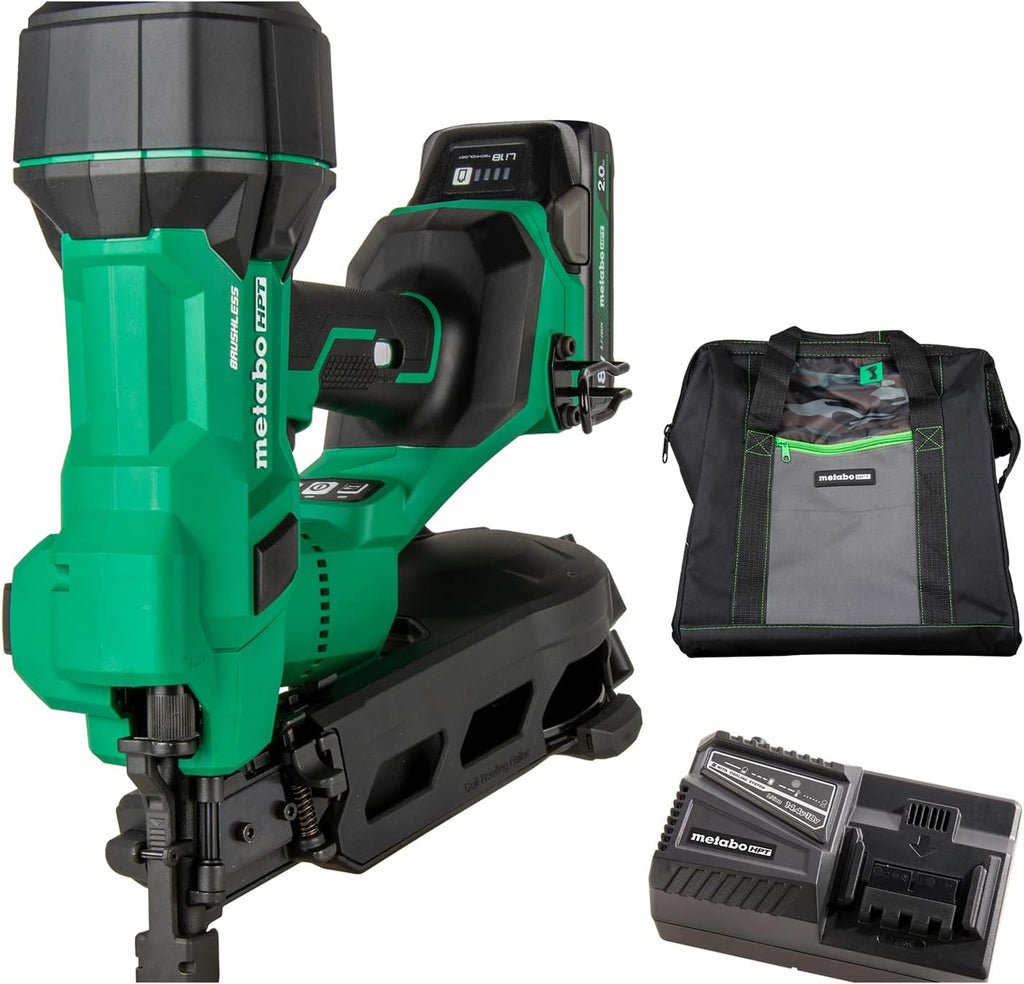 Metabo HPT 18V MultiVolt Brushless Cordless Coil Roofing Nailer Kit, 1-3/4' Coil Roofing Nailer with Power Tool 2.0Ah Lithium Ion Battery, Drives 7/8' to 1-3/4' Nails, NV1845DA
