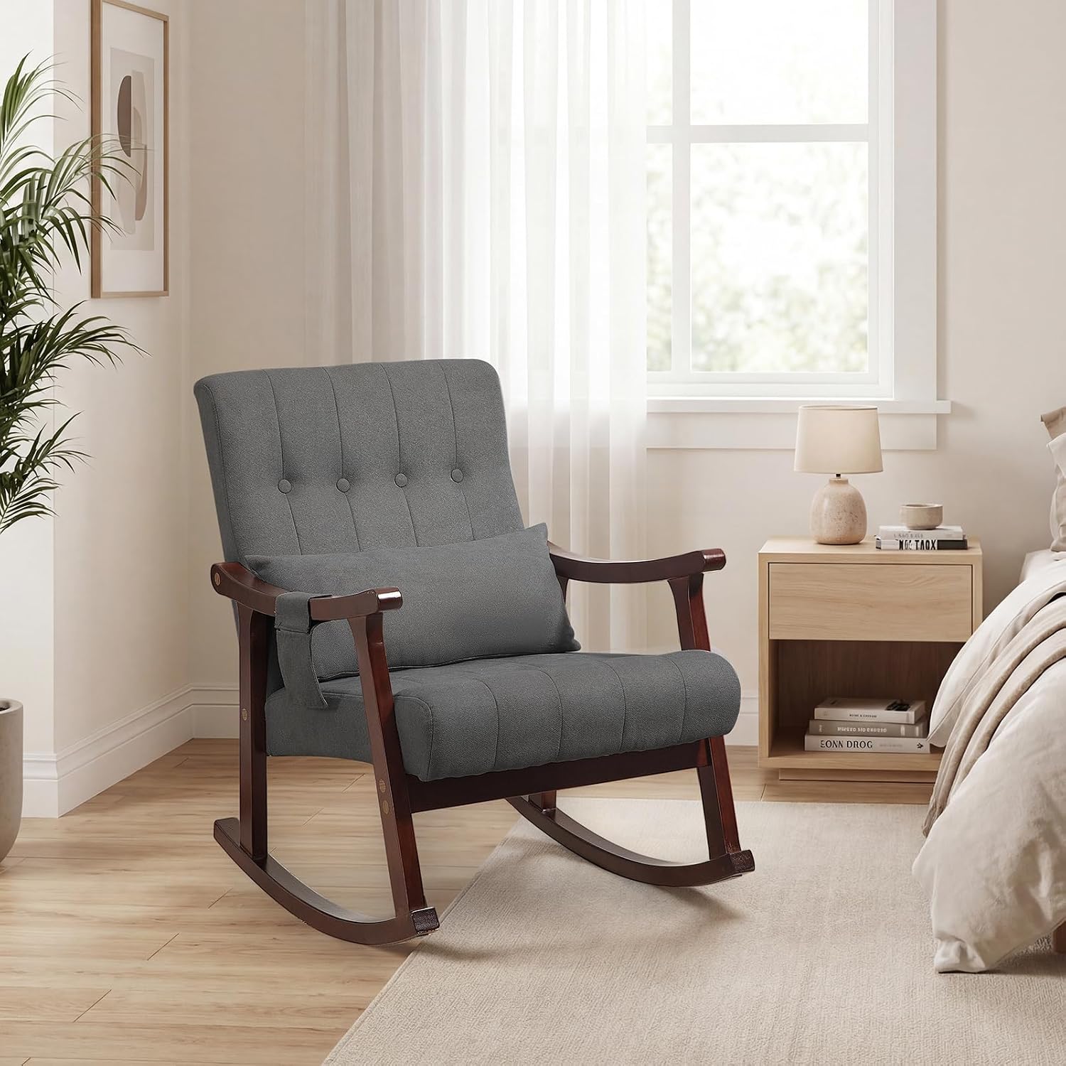 AVAWING Upholstered Rocking Chair, Small Fabric Glider Rocker with 2-Point Massage Lumbar Pillow and Solid Wood Legs, for Bedroom and Living Room, Dark Grey