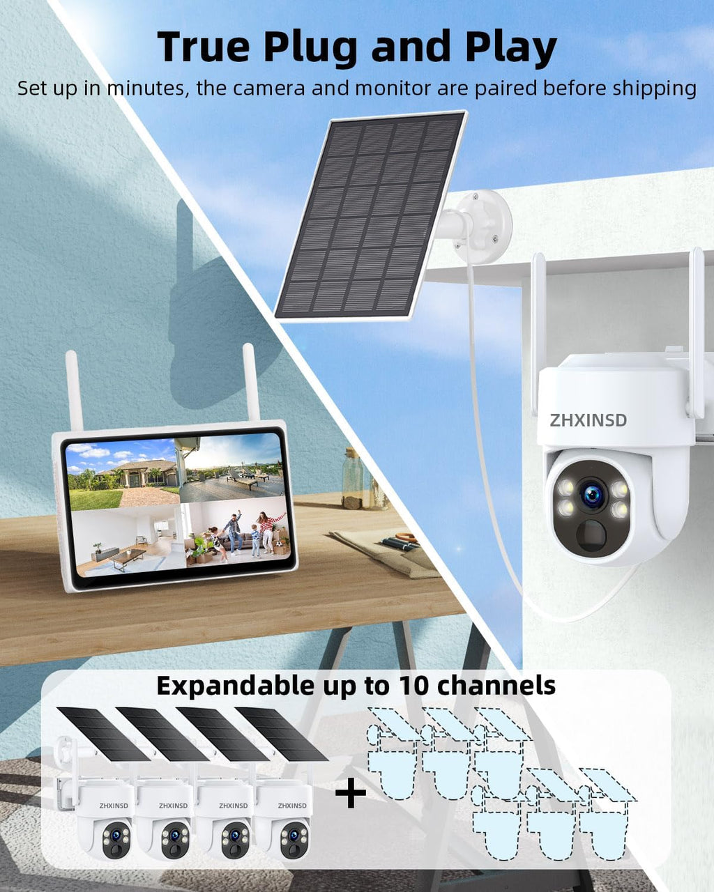 2.5K Outdoor Solar Wireless Security Camera System, 4-Camera Kit with 10' Monitor for Home Surveillance 360° View, 2.4/5GHz WiFi, Forever Power, 64GB Storage, No Subscription, No Monthly Fee