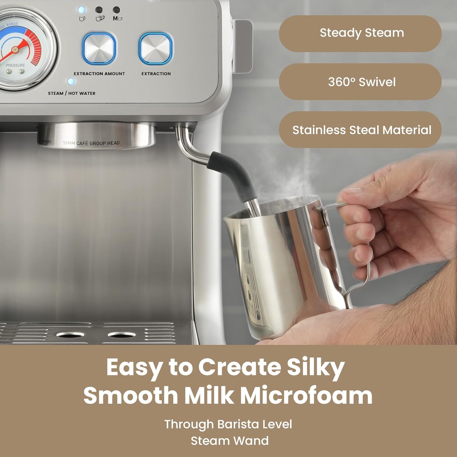 Gevi Dual Boiler Espresso Machine with Built-in Grinder, 58mm Commercial Portafilter, Barista Steam Wand, 31 Grind Settings, Stainless Steel, for Home Barista Use, Sterling Silver