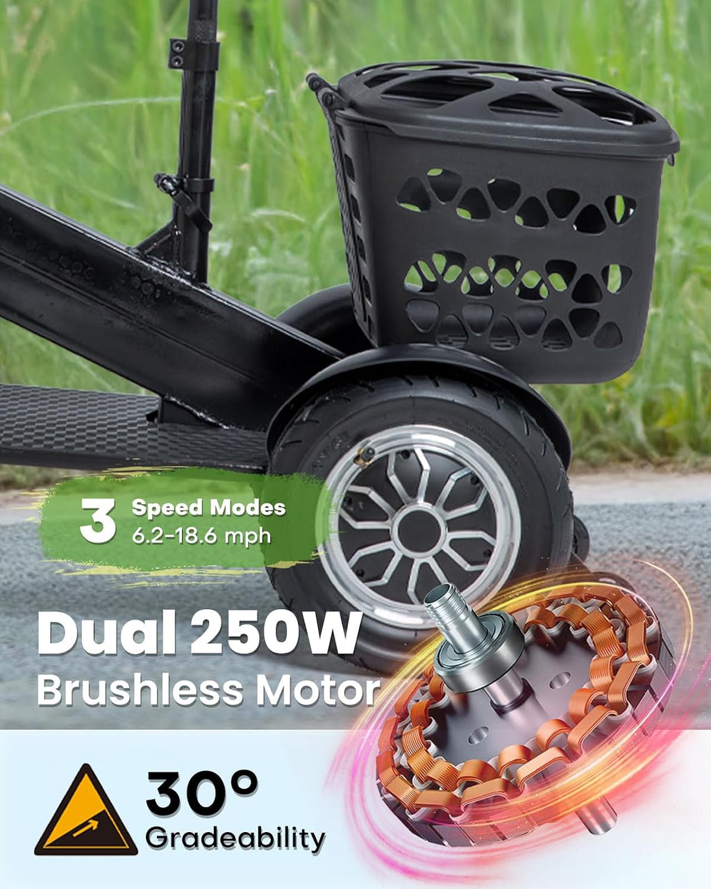 3 Wheel Electric Scooter for Adults, 3 Wheel Mobility Scooter for Adults, 330 lbs Load, Long Range, with Charger & Basket, Fits in Car Trunks for Daily Rides