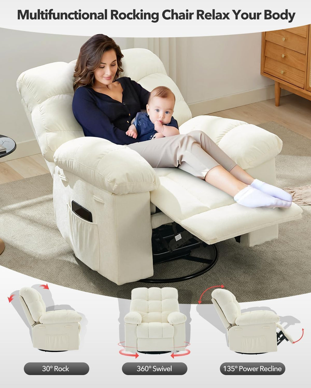 Swivel Rocking Recliner Chair With Extra Large Footrest High Back, 360° Swivel Rocker Chair,Upholstered Glider Nursery Chair for Living Room, Bedroom & Nursery, Comfortable Deep Seat for Relaxation