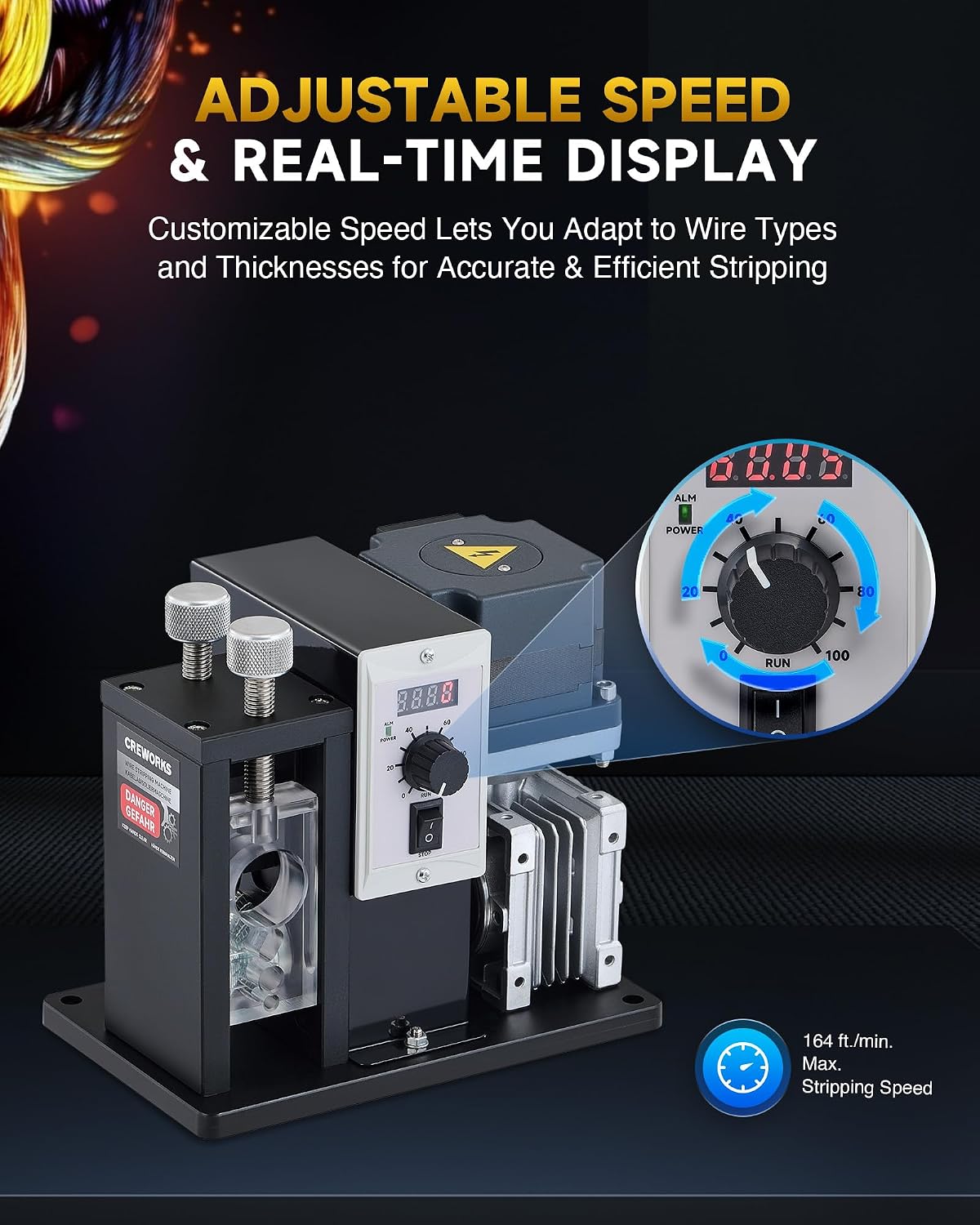 CREWORKS 200W Automatic Wire Stripper Machine, Speed Adjustable Electric Wire Stripping Machine with Real-Time Speed Display, Cable Stripper Machine for 0.04-1 in. Copper Wire Peeling Recycling