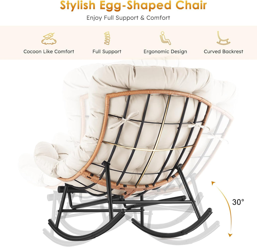 Takywep Rattan Rocking Chair with Detachable Polyester Cushion and Extendable Footrest – Papasan Chair with Cozy Seating for Porch, Lawn, Bedroom & Living Room, Beige