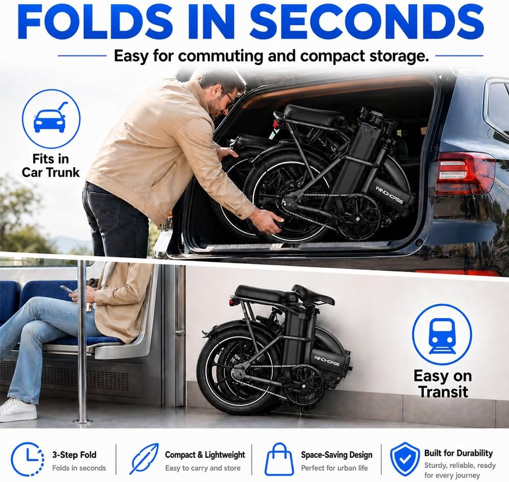 WINDHORSE 16' Folding Electric Bike for Adults, 630W Peak Electric Bicycle, 20MPH, 20-35 Miles Range, 288Wh Removable Battery, UL2849 Certified Commuter Ebike