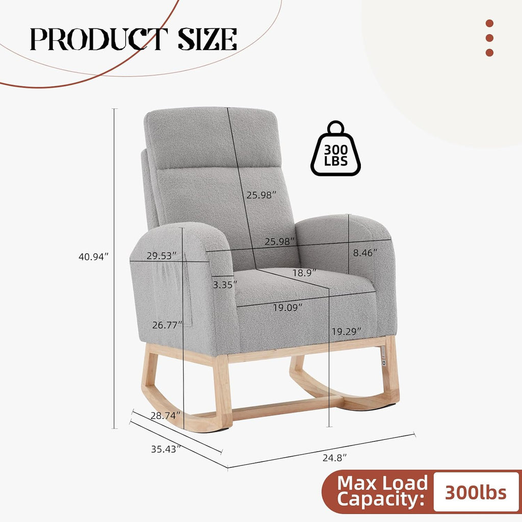 IDEALHOUSE Nursery Rocking Chair, Upholstered Glider Rocker with High Back & Side Pocket, Comfy Nursing Chair for Breastfeeding, Padded Nursery Armchair for Baby Room, Bedroom & Living Room,