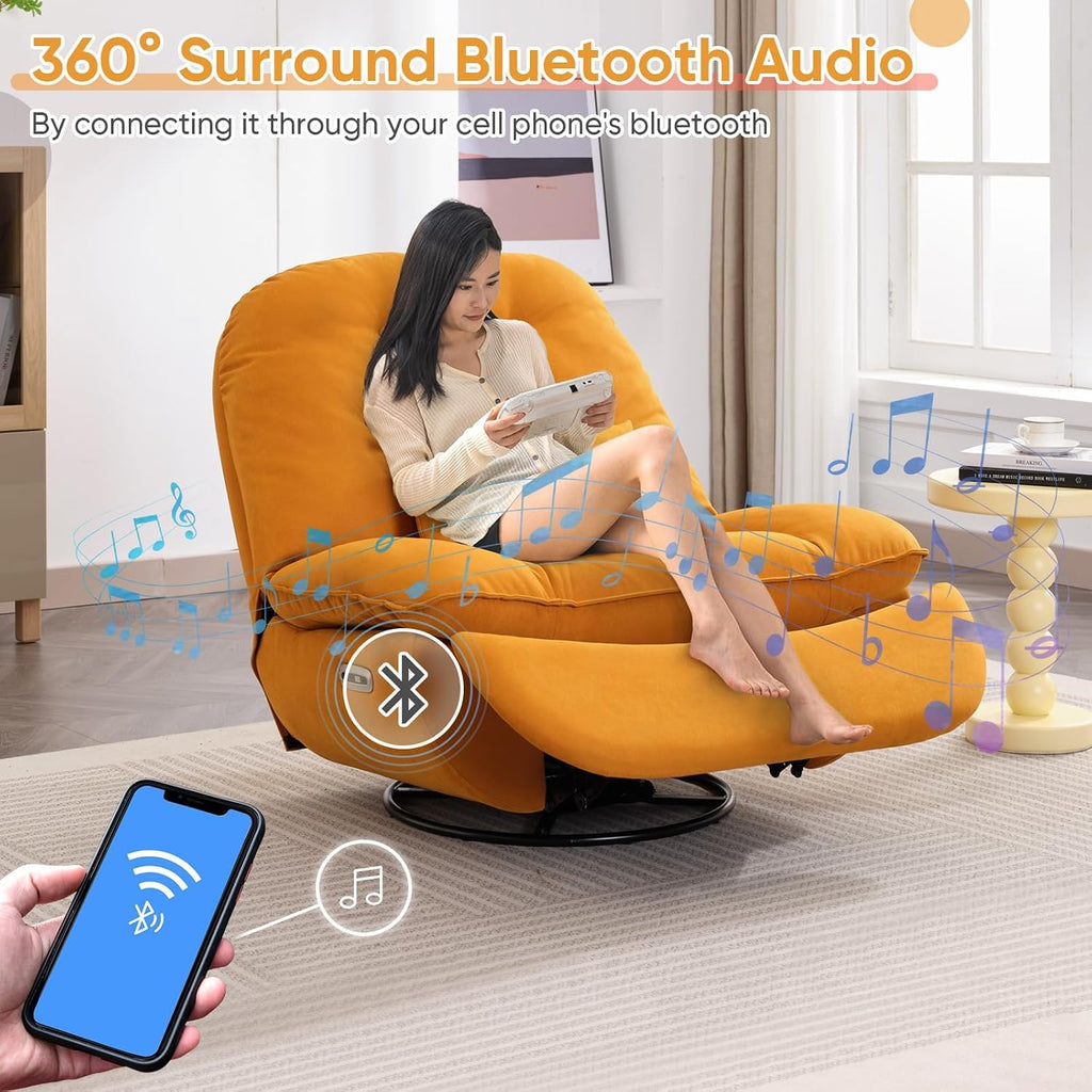 Smart Oversized Electric Recliner Chair, 360° Round Swivel Rocking Glider Rocker Chairs for Adults Modern Comfy Ergonomic Chaise Lounge Indoor, Theater Seating Living Room Reading, Soft Orange Fabric