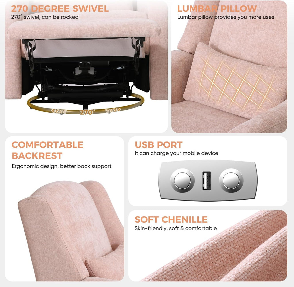 Power Recliner Chair Swivel Glider, Large Nursery Glider w/USB Charging Port, Chenille Upholstered Rocker Recliner for Bedroom,Nursery,Living Room,1PC,Coral Pink