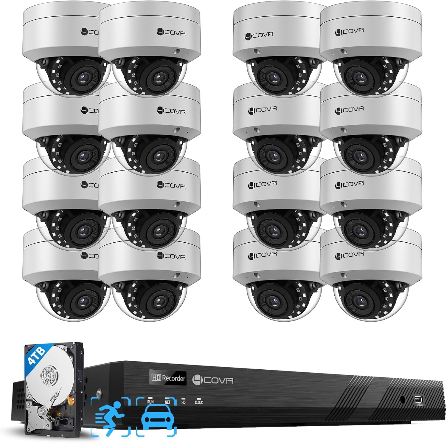 4COVR 16 Channel PoE Security Camera System for Business, 16x 5MP IK10 Vandal-Proof IP67 Dome Commercial IP Camera, Night Vision, 16CH NVR 4TB, AI Human Vehicle Detection, 24/7 Recording, LY54AX5M1616