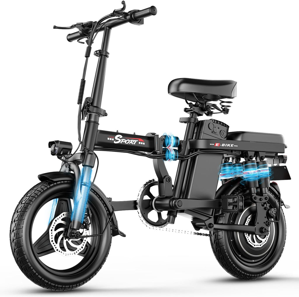 AZHAR Foldable Electric Bike for Adults Teens, 1200W Peak Motor, Up to 25 MPH, 45 Miles PAS Range, Dual Suspension, 14' Tires, 3-Speed Modes, Compact & Portable Electric Mini Bike, Commuting Ebike