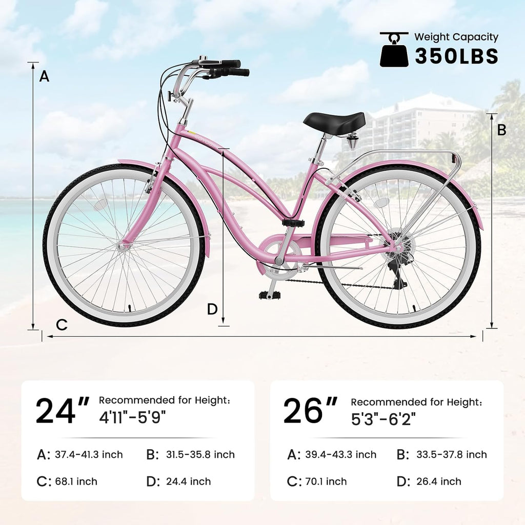 Cruiser Bike for Adults, 7-Speed Beach Cruiser Bicycle, 24/26 Inch Step-Through or High-Bar Frame, Comfort City Commuter Bike with Rear Rack, Fenders, Wide Saddle for Women & Men