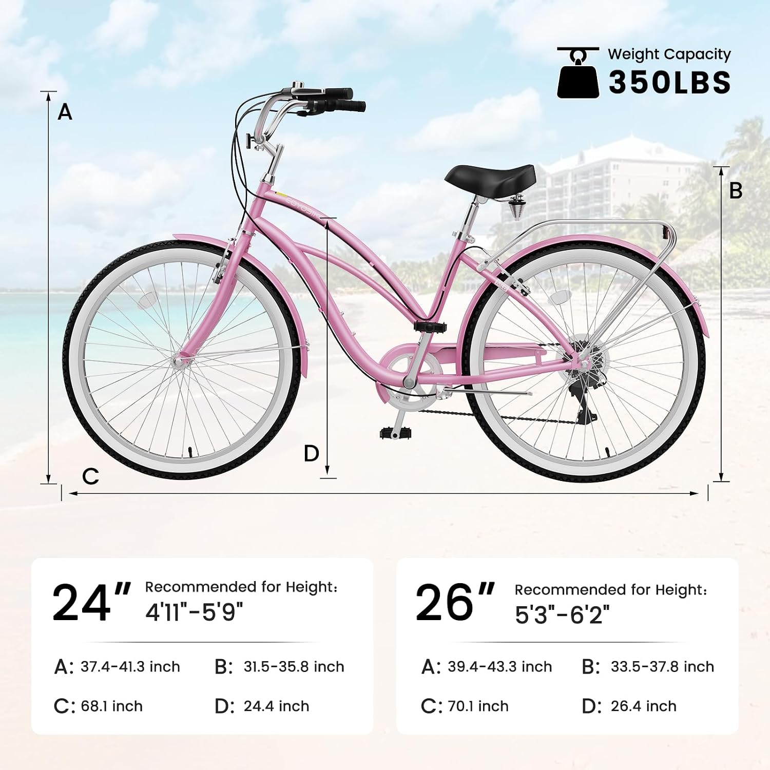 Cruiser Bike for Adults, 7-Speed Beach Cruiser Bicycle, 24/26 Inch Step-Through or High-Bar Frame, Comfort City Commuter Bike with Rear Rack, Fenders, Wide Saddle for Women & Men